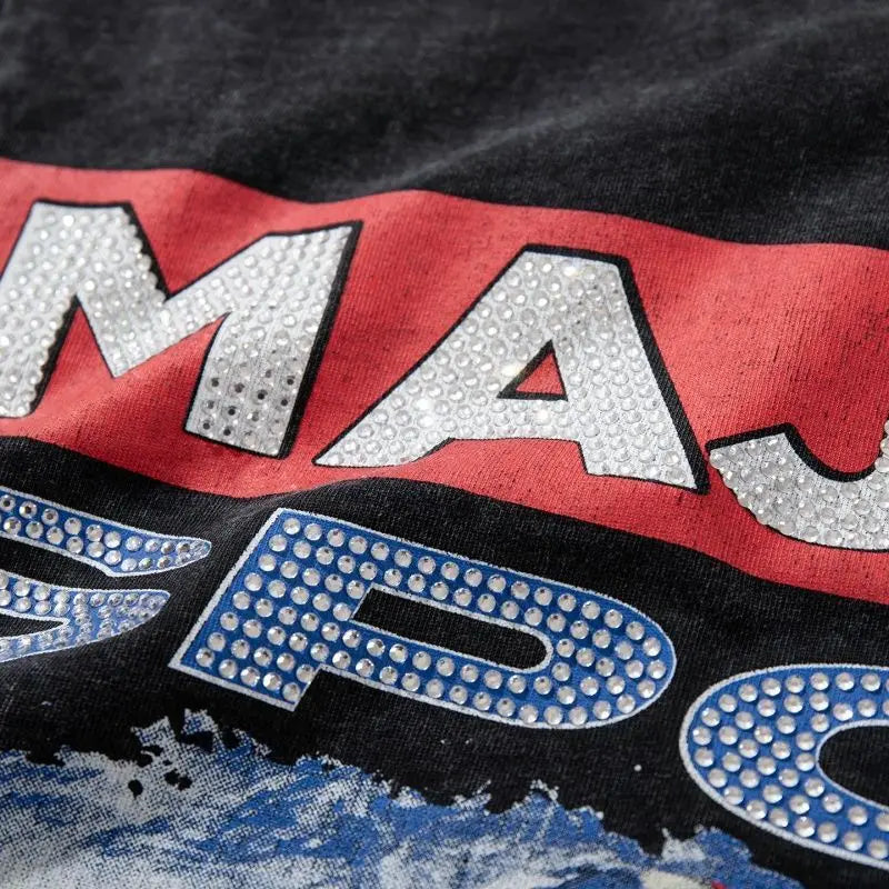 Designer Clothes Shining Rhinestone Mens T-shirt Washed Short Sleeve American High Street Trendy Brand MAJESTIK 240 Grams Loose