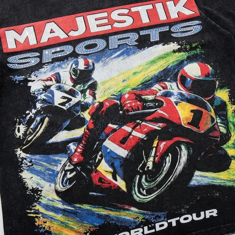 Designer Clothes Shining Rhinestone Mens T-shirt Washed Short Sleeve American High Street Trendy Brand MAJESTIK 240 Grams Loose