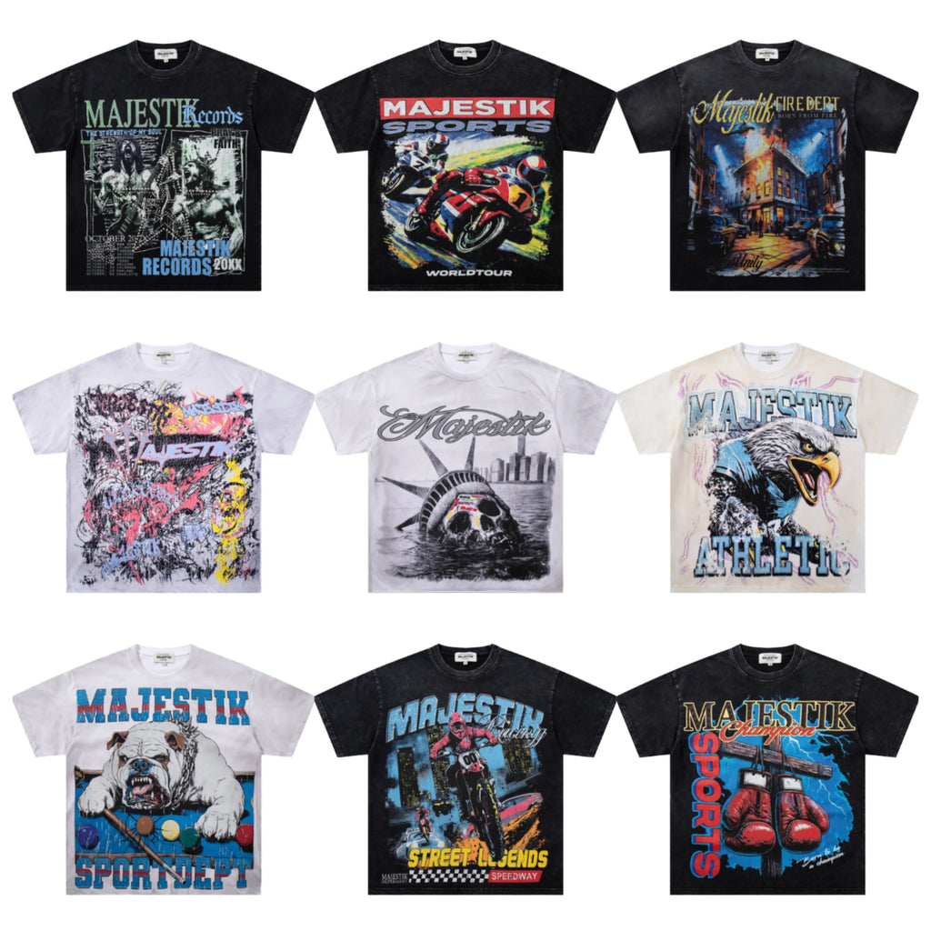 Designer Clothes Shining Rhinestone Mens T-shirt Washed Short Sleeve American High Street Trendy Brand MAJESTIK 240 Grams Loose
