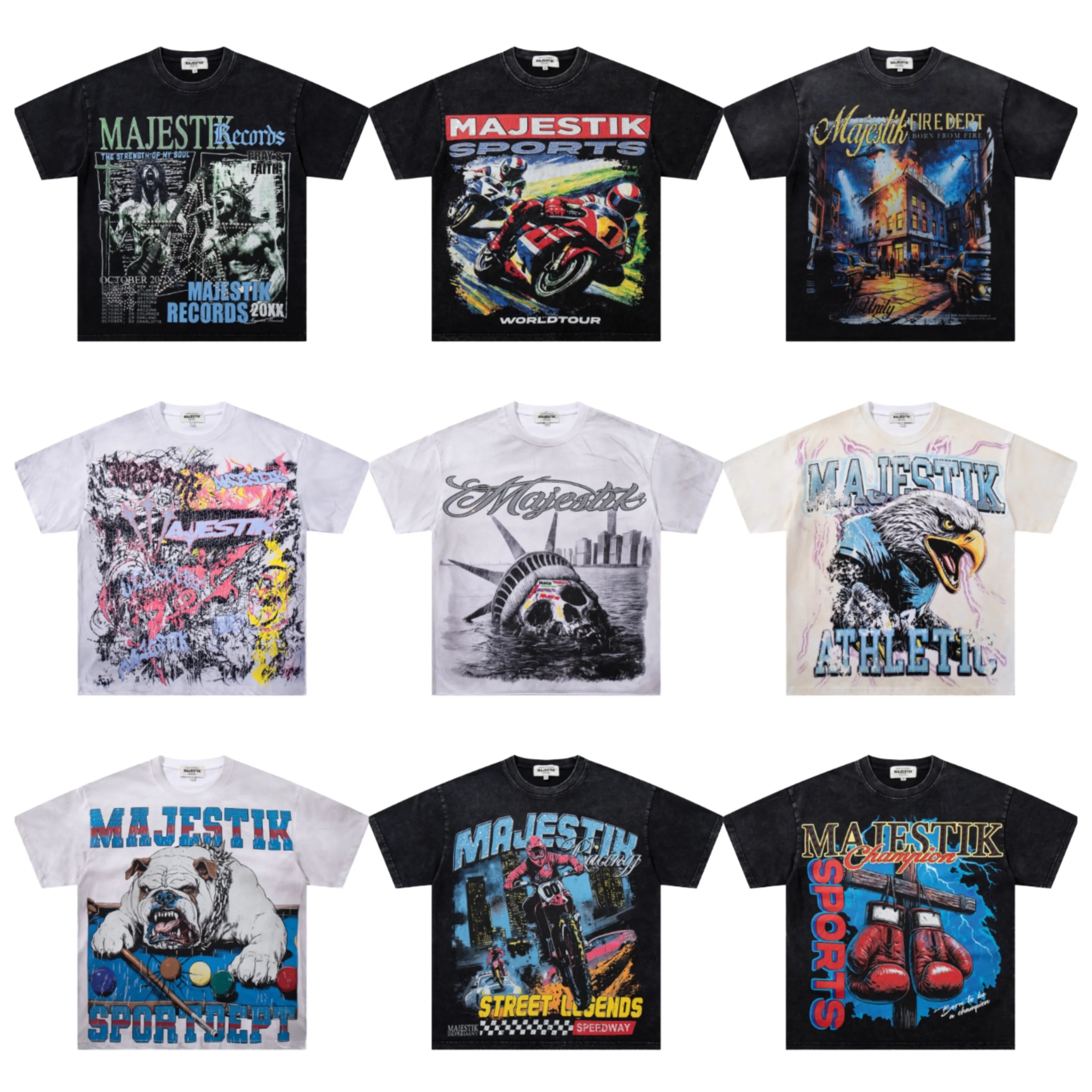 Designer Clothes Shining Rhinestone Mens T-shirt Washed Short Sleeve American High Street Trendy Brand MAJESTIK 240 Grams Loose