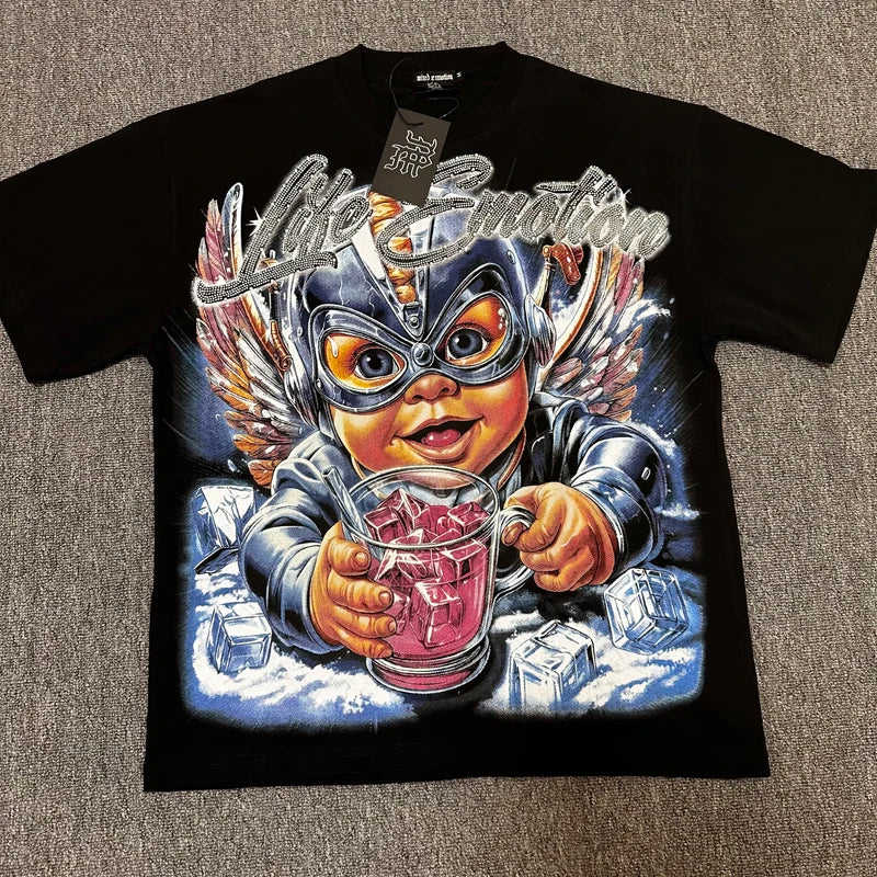 Wholesale Hot Drilling Designer Clothing Short Sleeve High Quality Gothic Printing Pattern Mixed Emotion T-shirts for Men