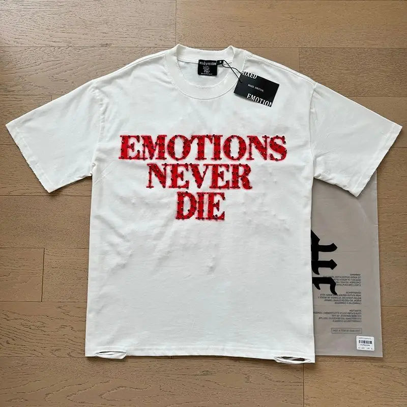 MIXED EMOTION Shirt Rhinestone Short Sleeve Men Women T-shirt Streetwear 100% Cotton Loose Round Neck Top Tees Oversized Tee Top