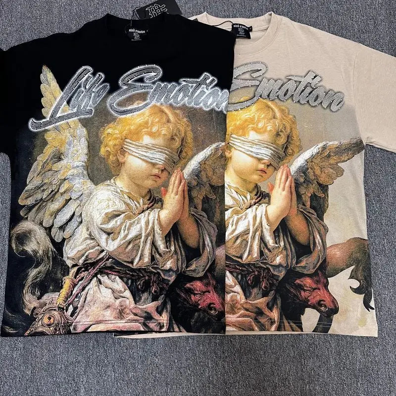 2026 MIXED EMOTION Rhinestone Short Sleeve Men Women Tshirt Streetwear Cotton Loose Round Neck Top Tees Oversized Tee Top Trendy