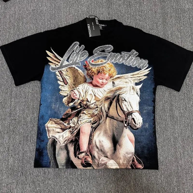 2026 MIXED EMOTION Rhinestone Short Sleeve Men Women Tshirt Streetwear Cotton Loose Round Neck Top Tees Oversized Tee Top Trendy
