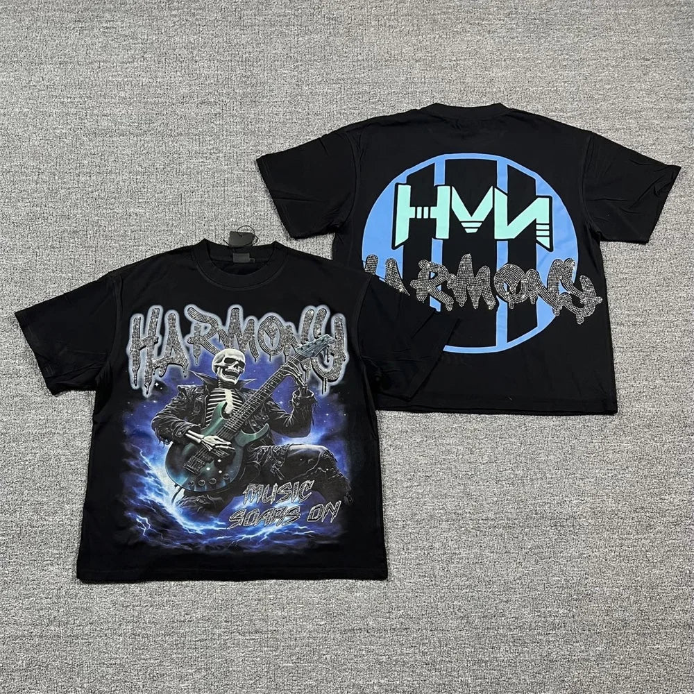 New Retro Wash HARMONY Letters Rhinestone Print Logo T Shirt Men Fashion Cotton casual  Shinning Diamond Oversized hip-hop Tees