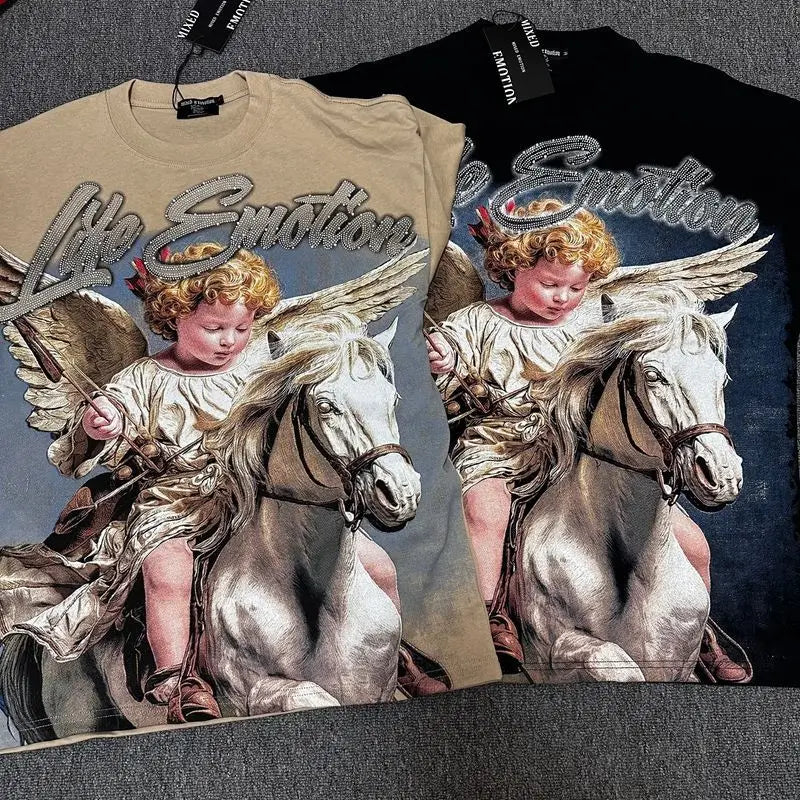 2026 MIXED EMOTION Rhinestone Short Sleeve Men Women Tshirt Streetwear Cotton Loose Round Neck Top Tees Oversized Tee Top Trendy
