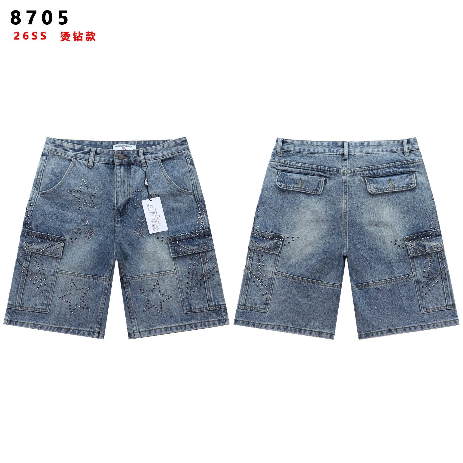 2026 New Fashion Shinning Diamond Washed Jeans Shorts for Men and Women Vintage Baggy Rhinestone Baggy Denim Shorts Oversized