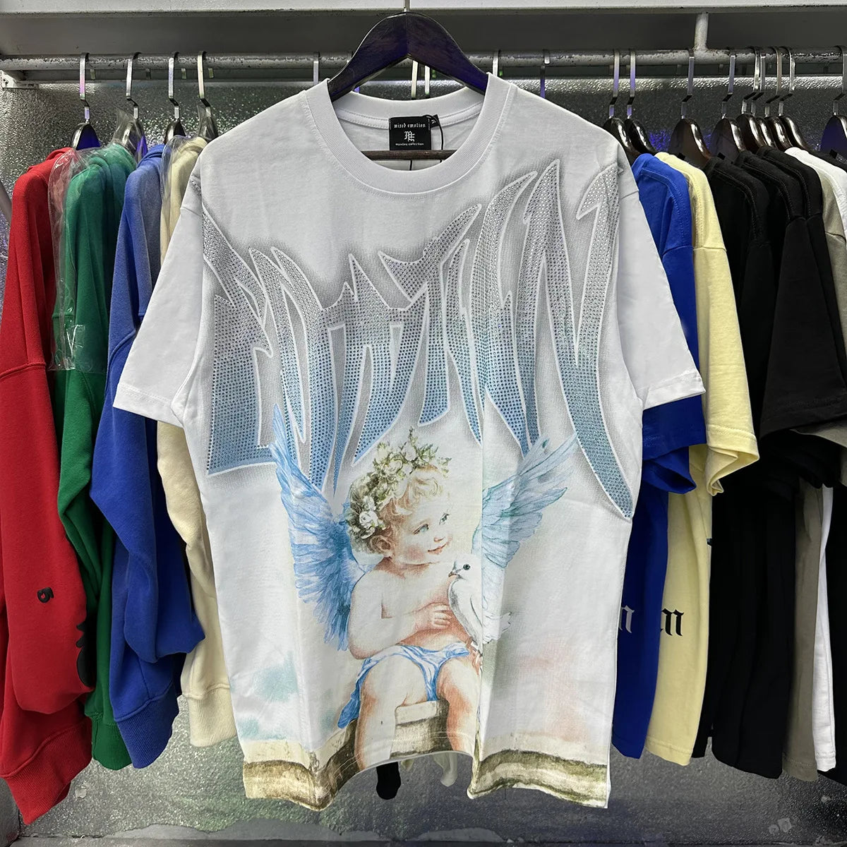 MIXED EMOTION Shirt Rhinestone Short Sleeve Men Women T-shirt Streetwear 100% Cotton Loose Round Neck Top Tees Oversized Tee Top