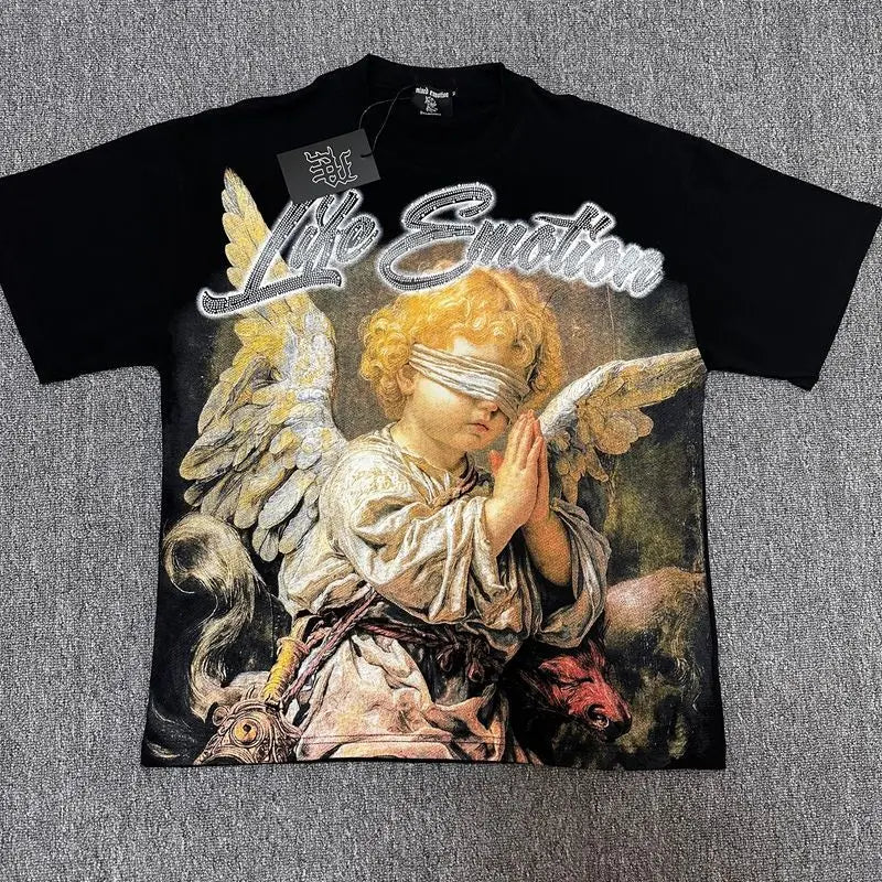 2026 MIXED EMOTION Rhinestone Short Sleeve Men Women Tshirt Streetwear Cotton Loose Round Neck Top Tees Oversized Tee Top Trendy