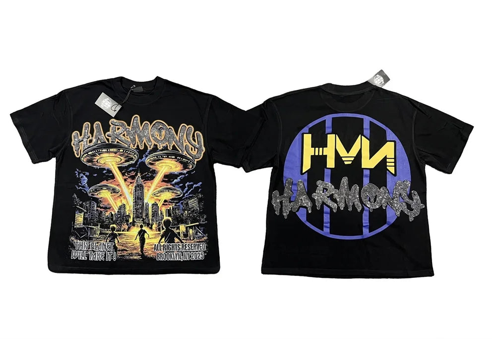 New Retro Wash HARMONY Letters Rhinestone Print Logo T Shirt Men Fashion Cotton casual  Shinning Diamond Oversized hip-hop Tees