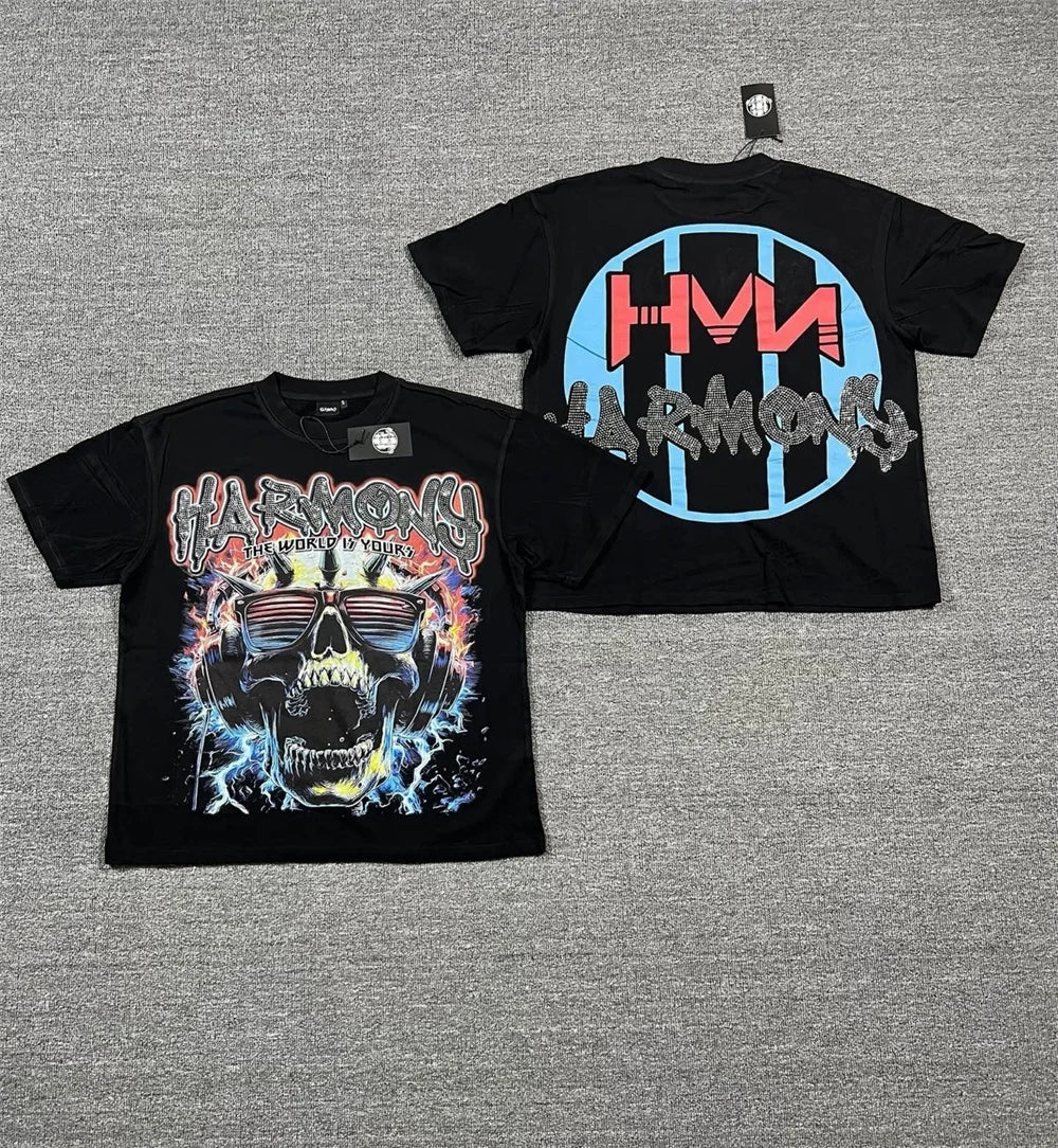 New Retro Wash HARMONY Letters Rhinestone Print Logo T Shirt Men Fashion Cotton casual  Shinning Diamond Oversized hip-hop Tees
