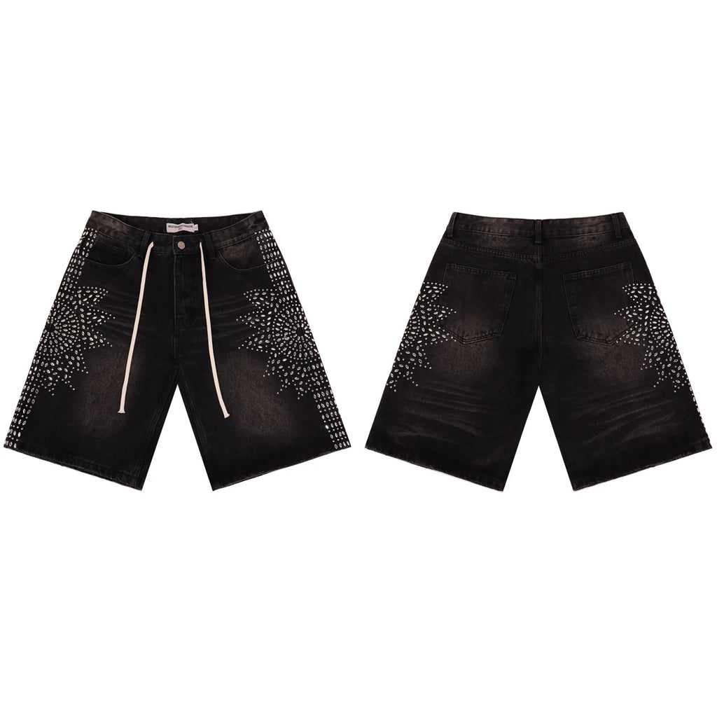 2026 New Fashion Shinning Diamond Washed Jeans Shorts for Men and Women Vintage Baggy Rhinestone Baggy Denim Shorts Oversized