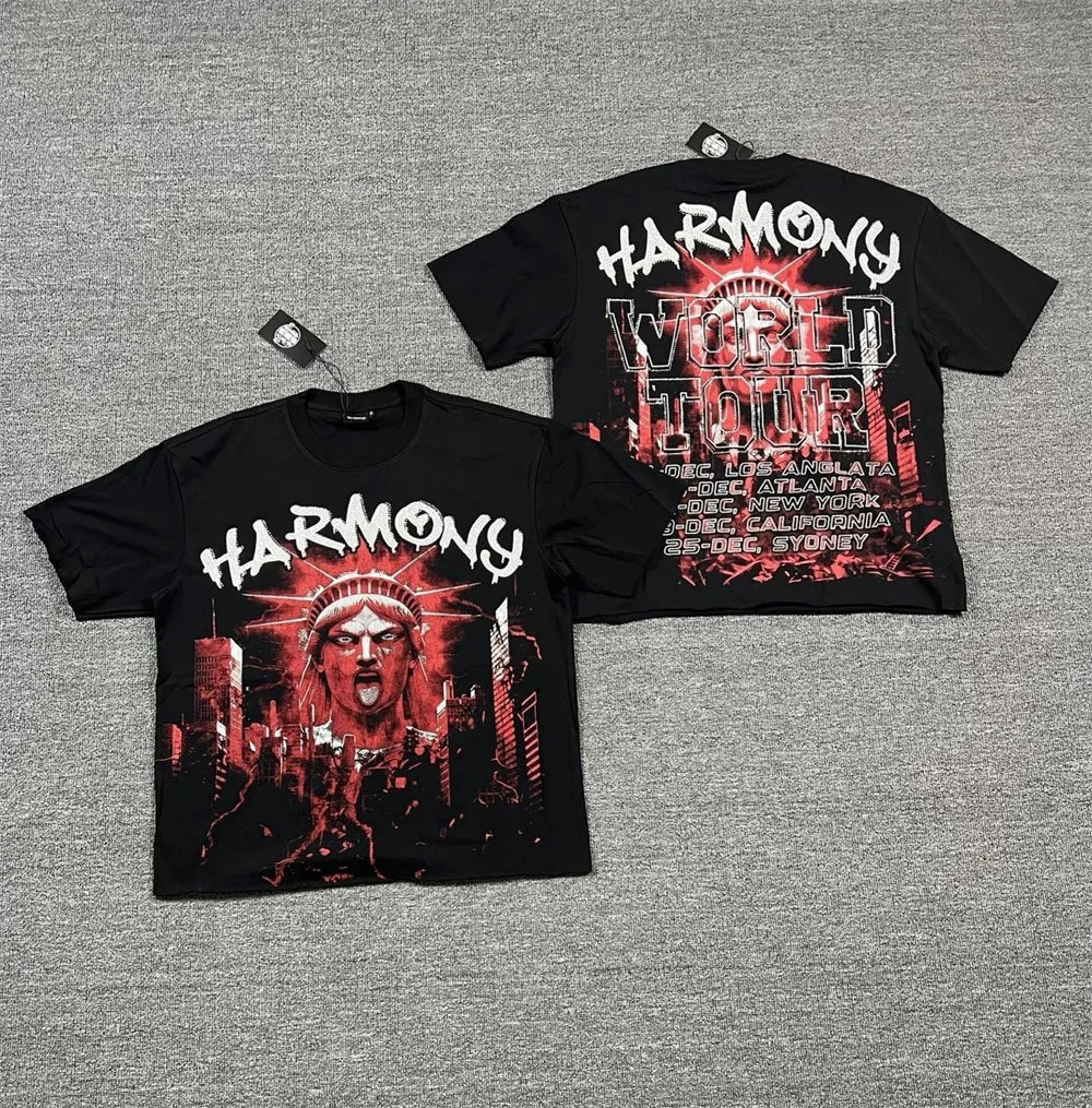 New Retro Wash HARMONY Letters Rhinestone Print Logo T Shirt Men Fashion Cotton casual  Shinning Diamond Oversized hip-hop Tees