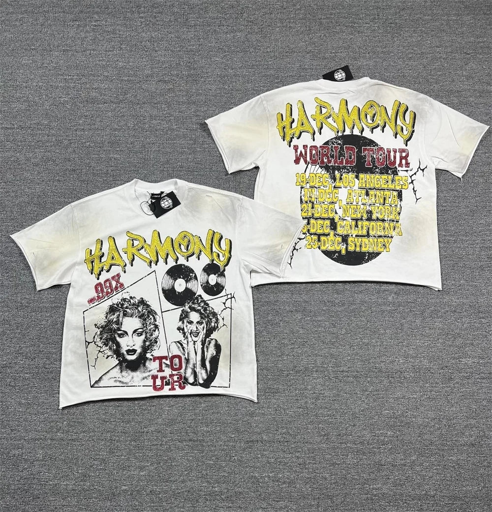 New Retro Wash HARMONY Letters Rhinestone Print Logo T Shirt Men Fashion Cotton casual  Shinning Diamond Oversized hip-hop Tees