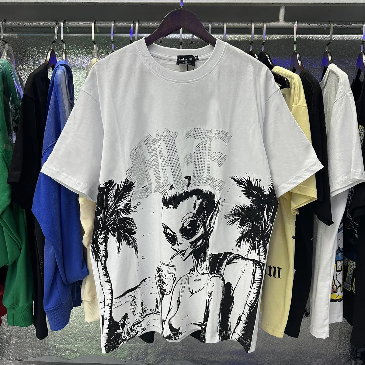 MIXED EMOTION Shirt Rhinestone Short Sleeve Men Women T-shirt Streetwear 100% Cotton Loose Round Neck Top Tees Oversized Tee Top