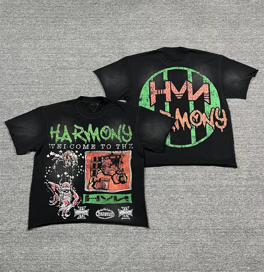 New Retro Wash HARMONY Letters Rhinestone Print Logo T Shirt Men Fashion Cotton casual  Shinning Diamond Oversized hip-hop Tees