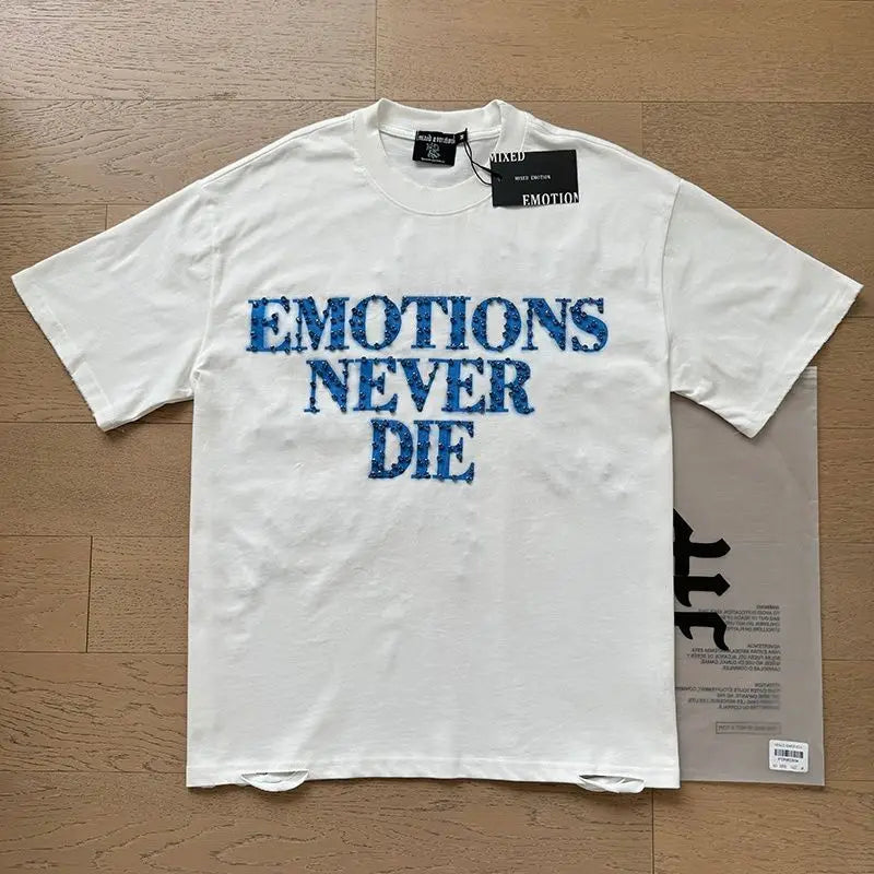 MIXED EMOTION Shirt Rhinestone Short Sleeve Men Women T-shirt Streetwear 100% Cotton Loose Round Neck Top Tees Oversized Tee Top
