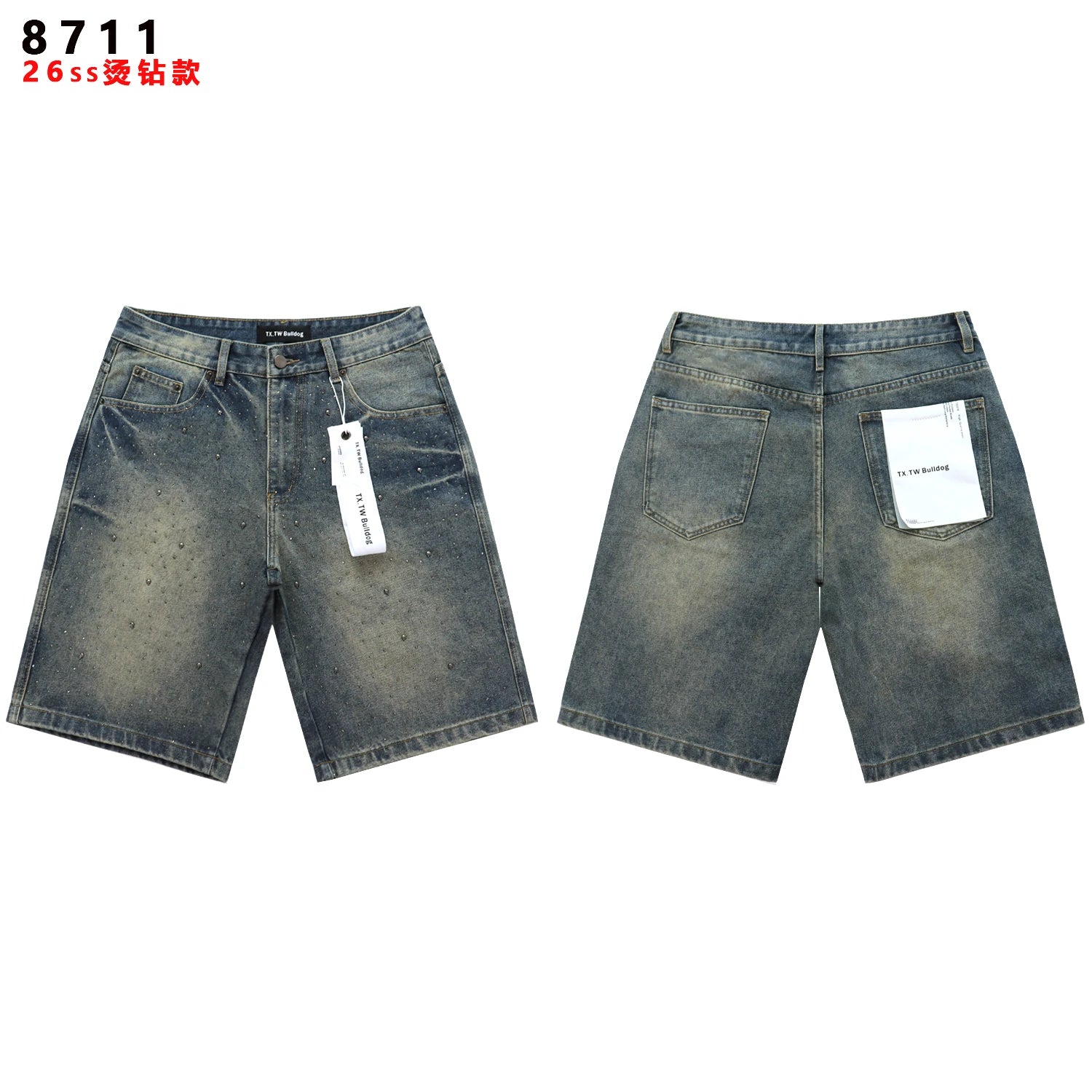 2026 New Fashion Shinning Diamond Washed Jeans Shorts for Men and Women Vintage Baggy Rhinestone Baggy Denim Shorts Oversized