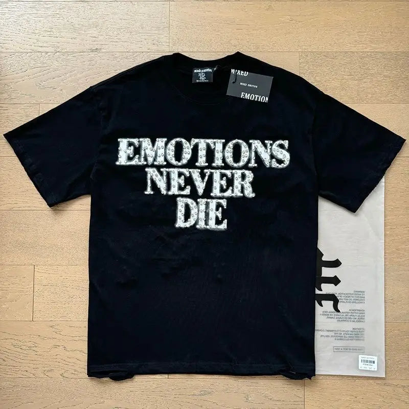 MIXED EMOTION Shirt Rhinestone Short Sleeve Men Women T-shirt Streetwear 100% Cotton Loose Round Neck Top Tees Oversized Tee Top