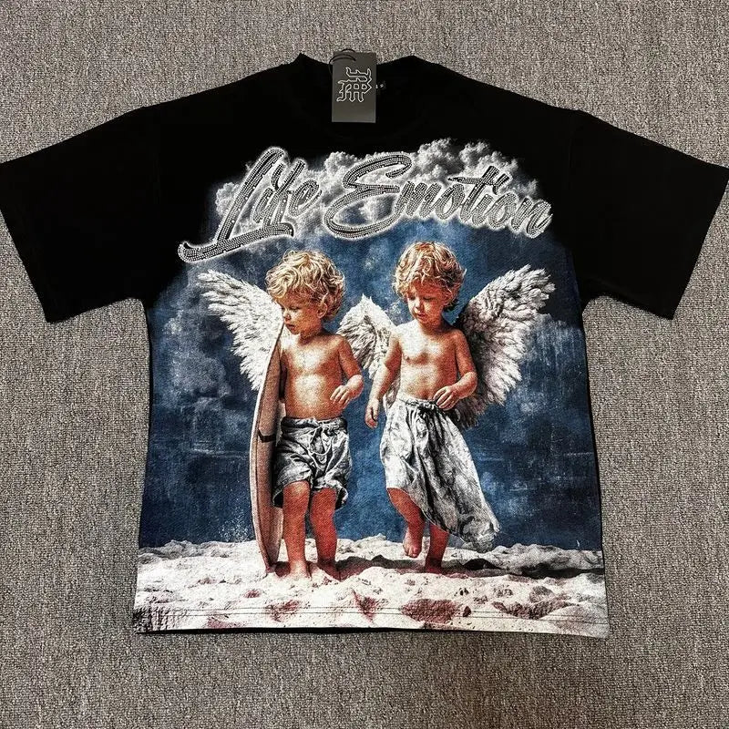 2026 MIXED EMOTION Rhinestone Short Sleeve Men Women Tshirt Streetwear Cotton Loose Round Neck Top Tees Oversized Tee Top Trendy
