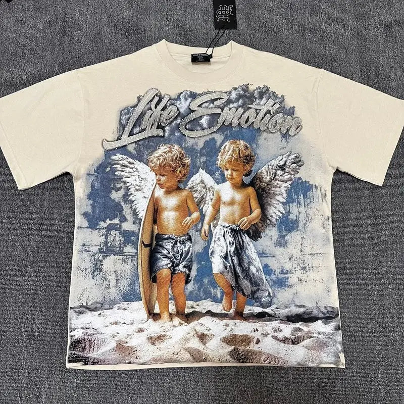 2026 MIXED EMOTION Rhinestone Short Sleeve Men Women Tshirt Streetwear Cotton Loose Round Neck Top Tees Oversized Tee Top Trendy