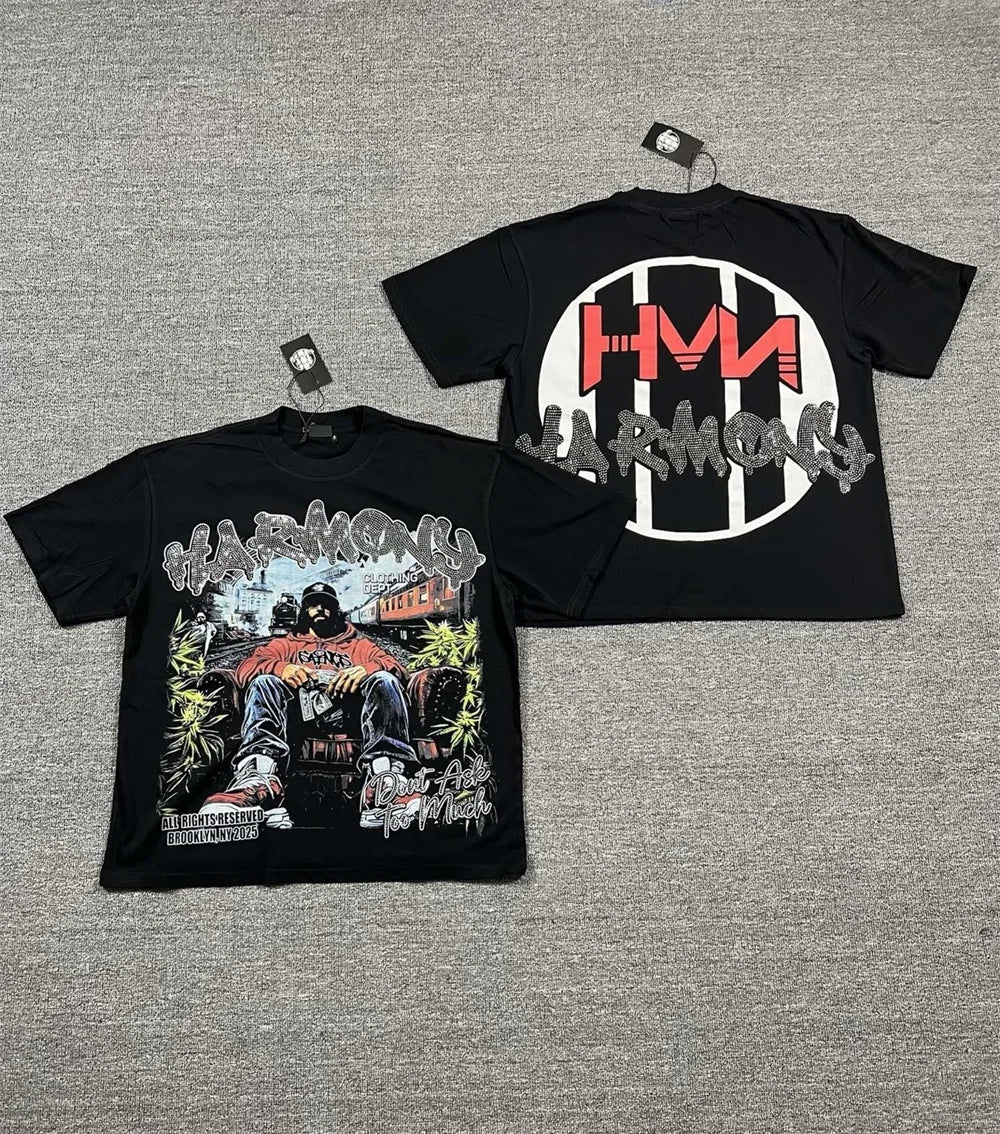 New Retro Wash HARMONY Letters Rhinestone Print Logo T Shirt Men Fashion Cotton casual  Shinning Diamond Oversized hip-hop Tees
