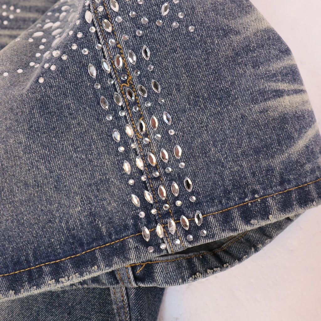 2026 New Fashion Shinning Diamond Washed Jeans Shorts for Men and Women Vintage Baggy Rhinestone Baggy Denim Shorts Oversized