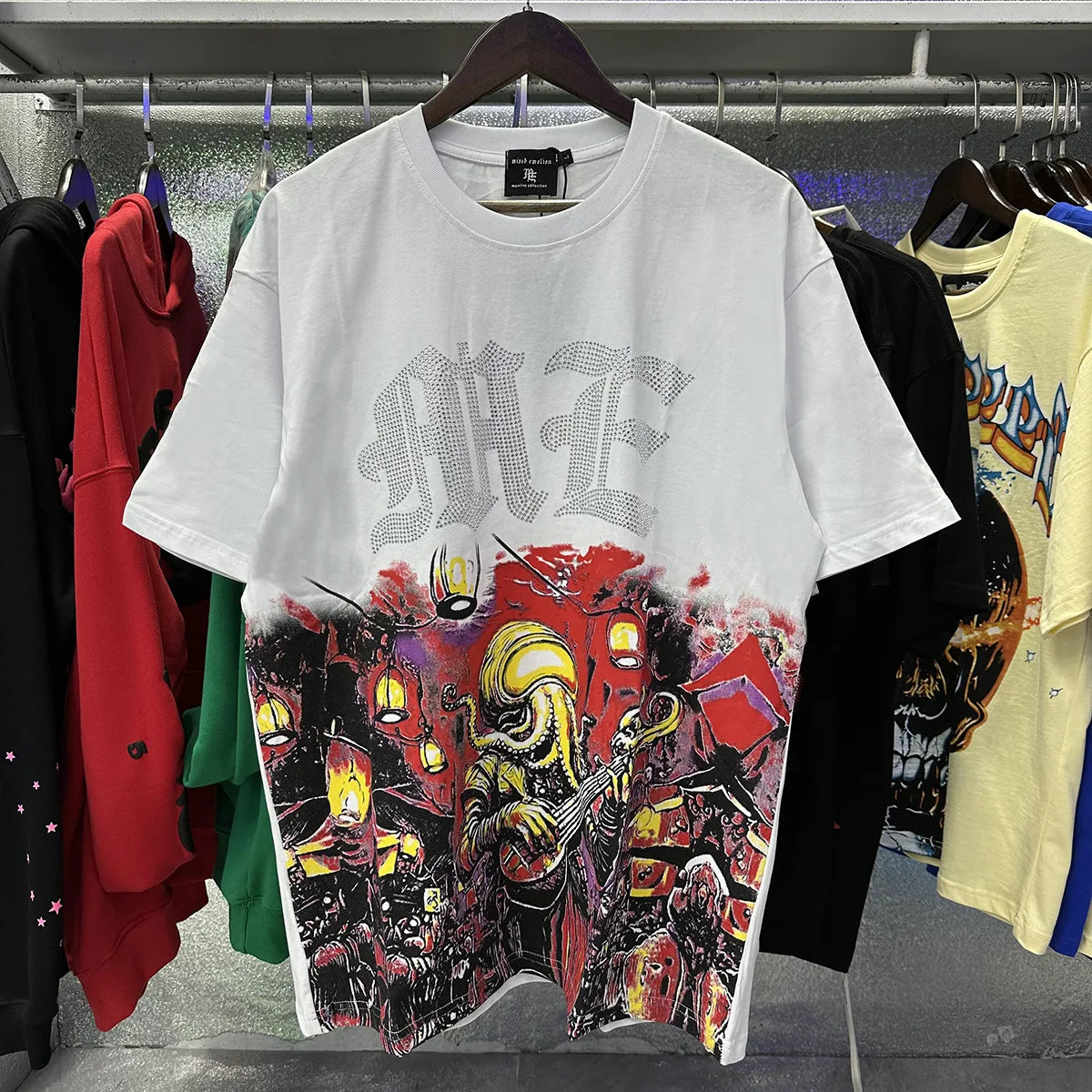 MIXED EMOTION Shirt Rhinestone Short Sleeve Men Women T-shirt Streetwear 100% Cotton Loose Round Neck Top Tees Oversized Tee Top