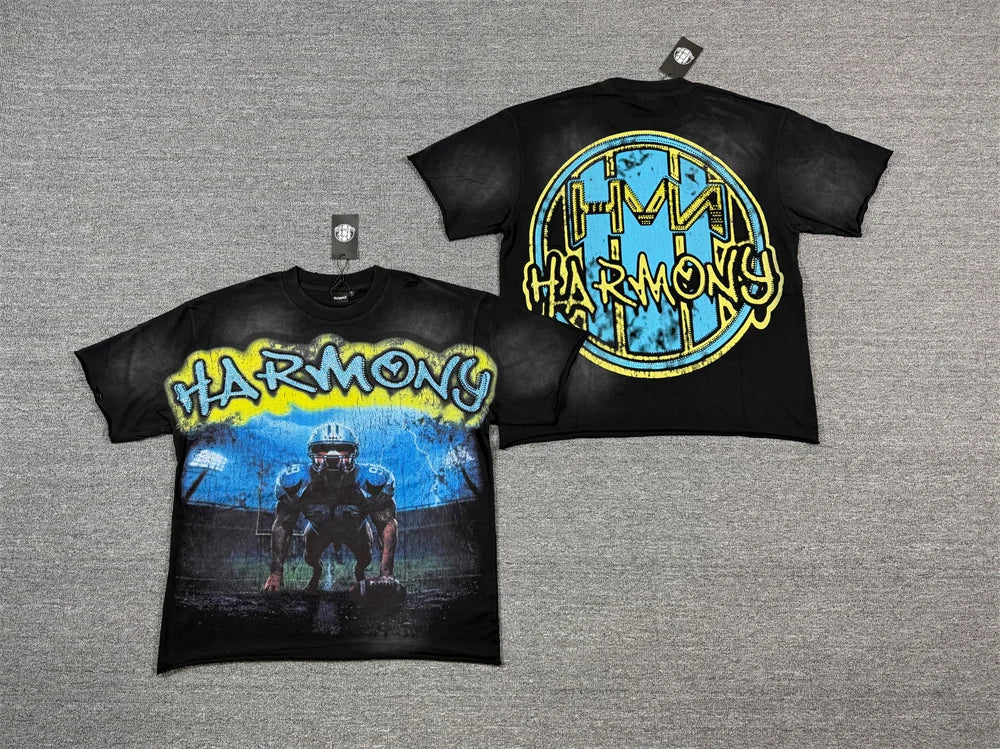 New Retro Wash HARMONY Letters Rhinestone Print Logo T Shirt Men Fashion Cotton casual  Shinning Diamond Oversized hip-hop Tees