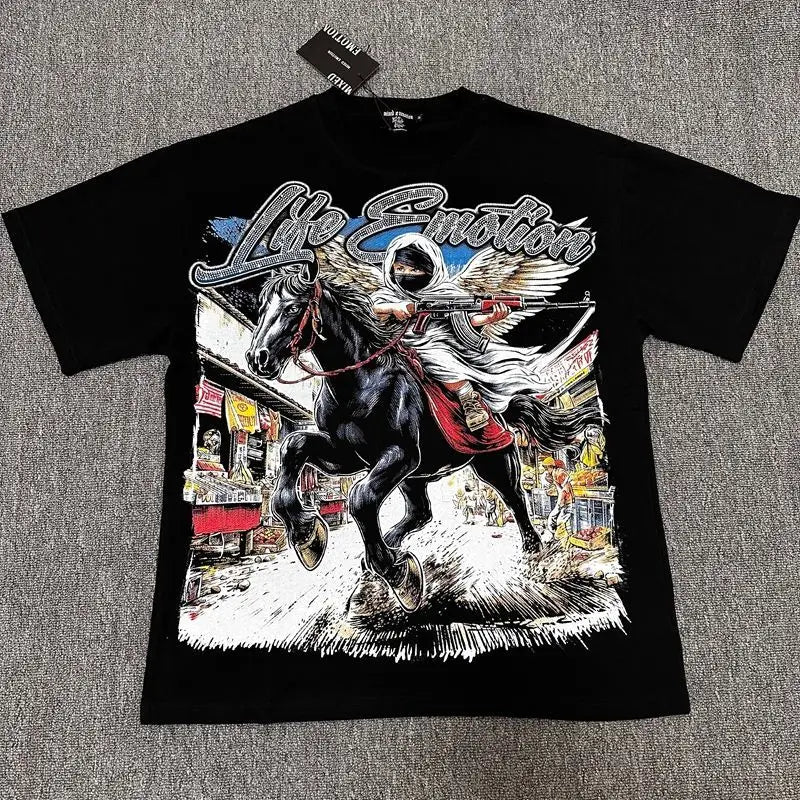 2026 MIXED EMOTION Rhinestone Short Sleeve Men Women Tshirt Streetwear Cotton Loose Round Neck Top Tees Oversized Tee Top Trendy