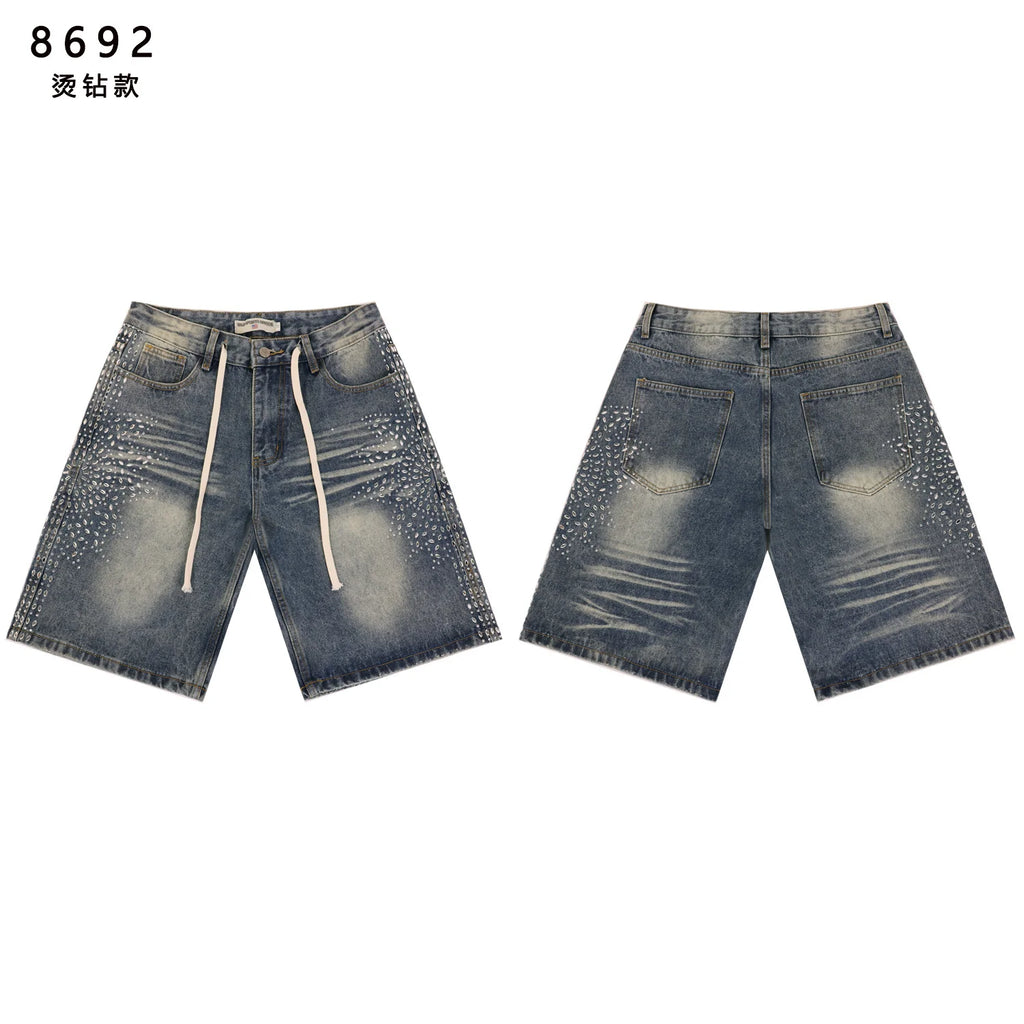 2026 New Fashion Shinning Diamond Washed Jeans Shorts for Men and Women Vintage Baggy Rhinestone Baggy Denim Shorts Oversized