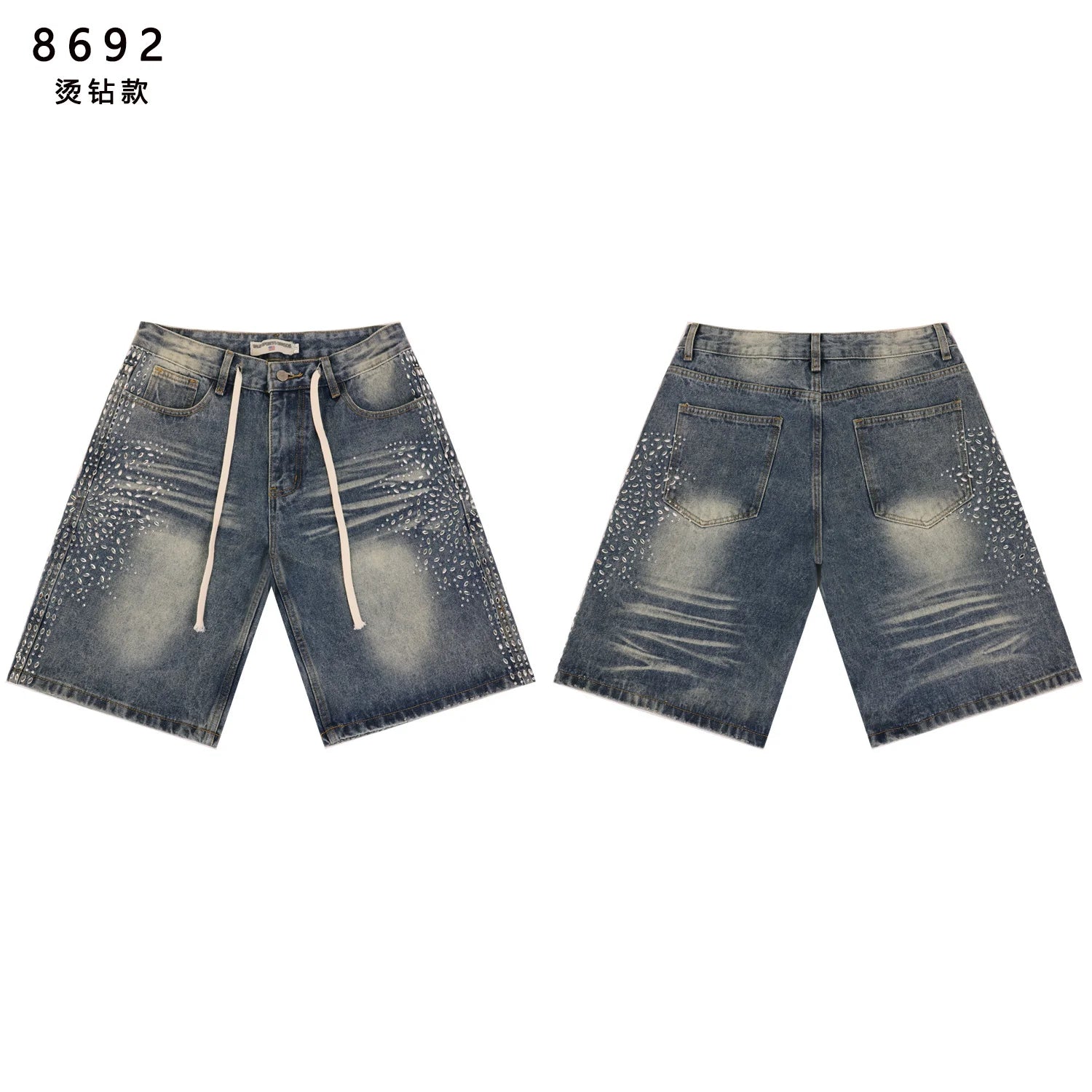 2026 New Fashion Shinning Diamond Washed Jeans Shorts for Men and Women Vintage Baggy Rhinestone Baggy Denim Shorts Oversized