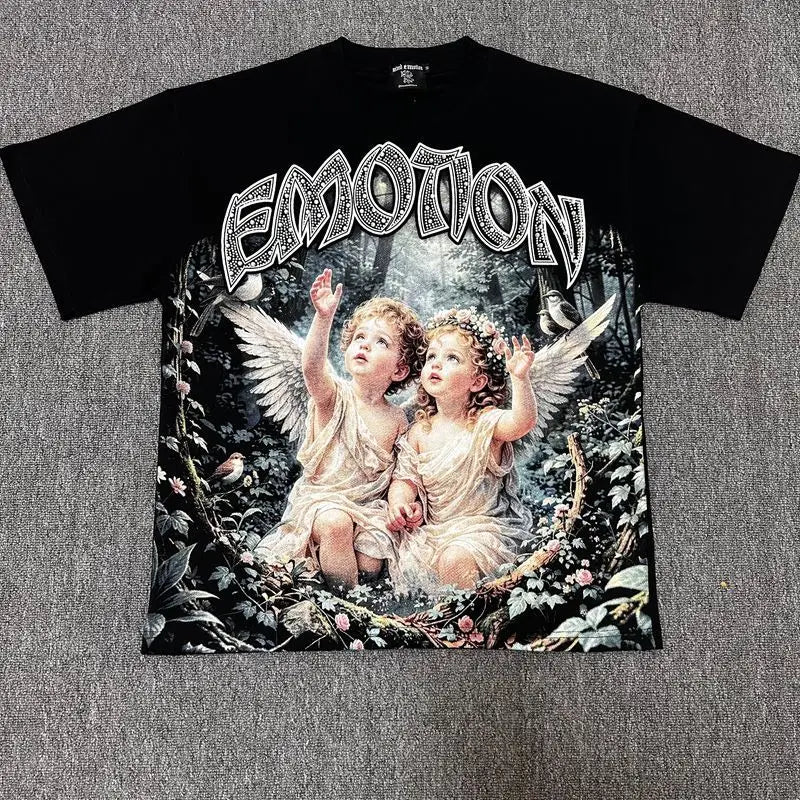 2026 MIXED EMOTION Rhinestone Short Sleeve Men Women Tshirt Streetwear Cotton Loose Round Neck Top Tees Oversized Tee Top Trendy