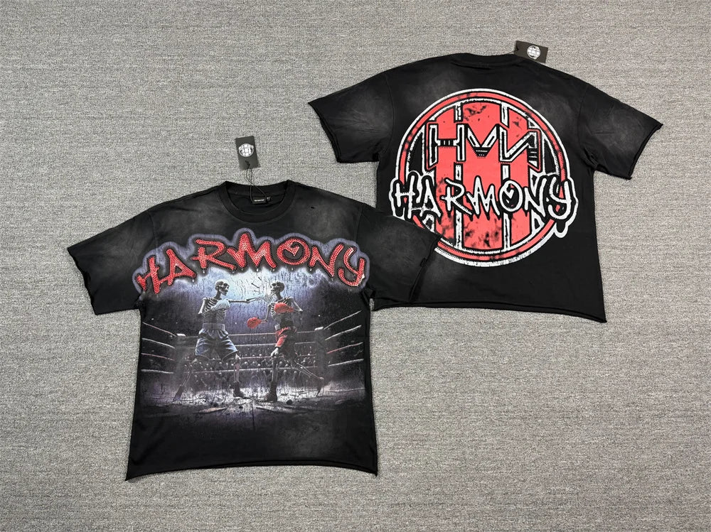 New Retro Wash HARMONY Letters Rhinestone Print Logo T Shirt Men Fashion Cotton casual  Shinning Diamond Oversized hip-hop Tees