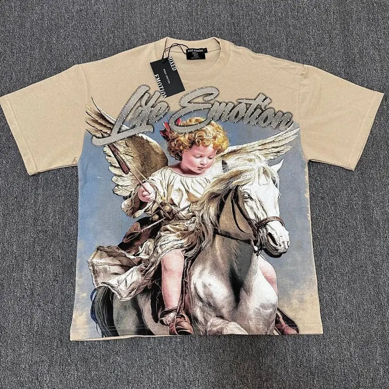 2026 MIXED EMOTION Rhinestone Short Sleeve Men Women Tshirt Streetwear Cotton Loose Round Neck Top Tees Oversized Tee Top Trendy