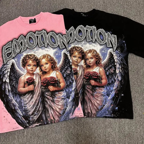 2026 MIXED EMOTION Rhinestone Short Sleeve Men Women Tshirt Streetwear Cotton Loose Round Neck Top Tees Oversized Tee Top Trendy