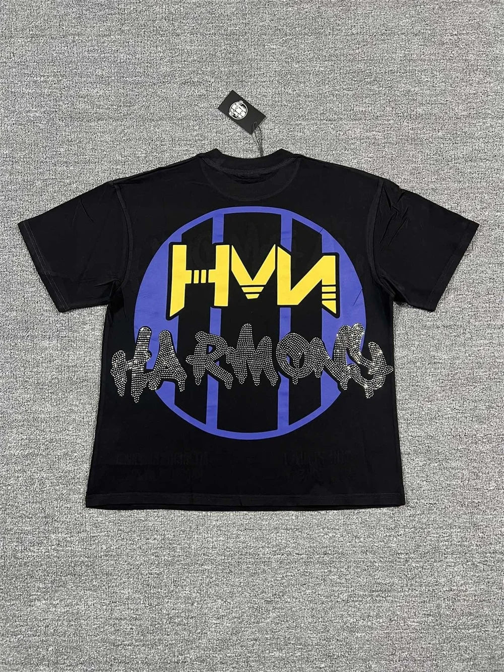 New Retro Wash HARMONY Letters Rhinestone Print Logo T Shirt Men Fashion Cotton casual  Shinning Diamond Oversized hip-hop Tees