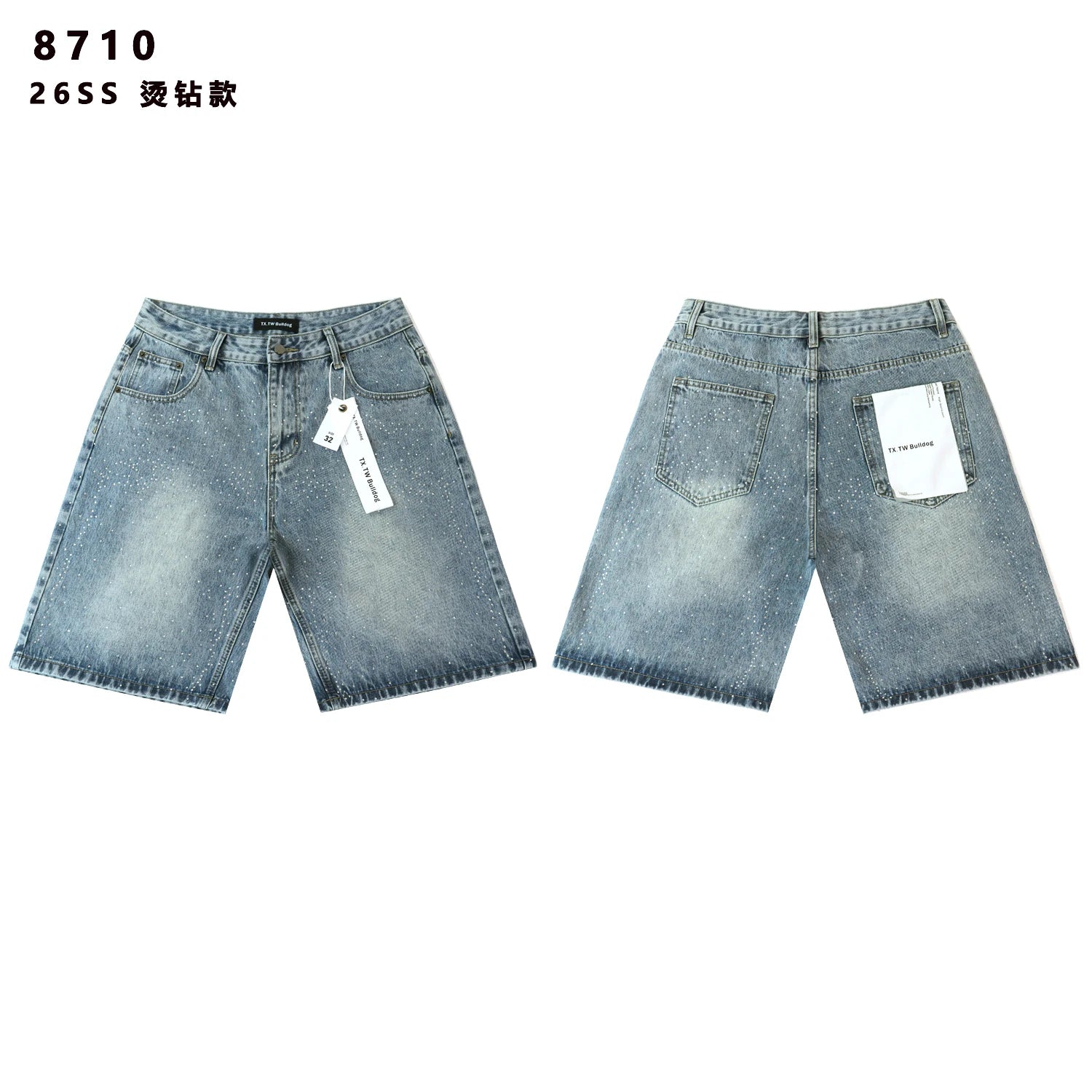 2026 New Fashion Shinning Diamond Washed Jeans Shorts for Men and Women Vintage Baggy Rhinestone Baggy Denim Shorts Oversized