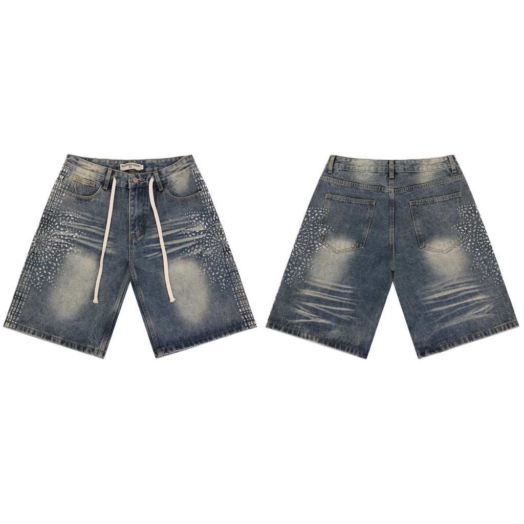 2026 New Fashion Shinning Diamond Washed Jeans Shorts for Men and Women Vintage Baggy Rhinestone Baggy Denim Shorts Oversized