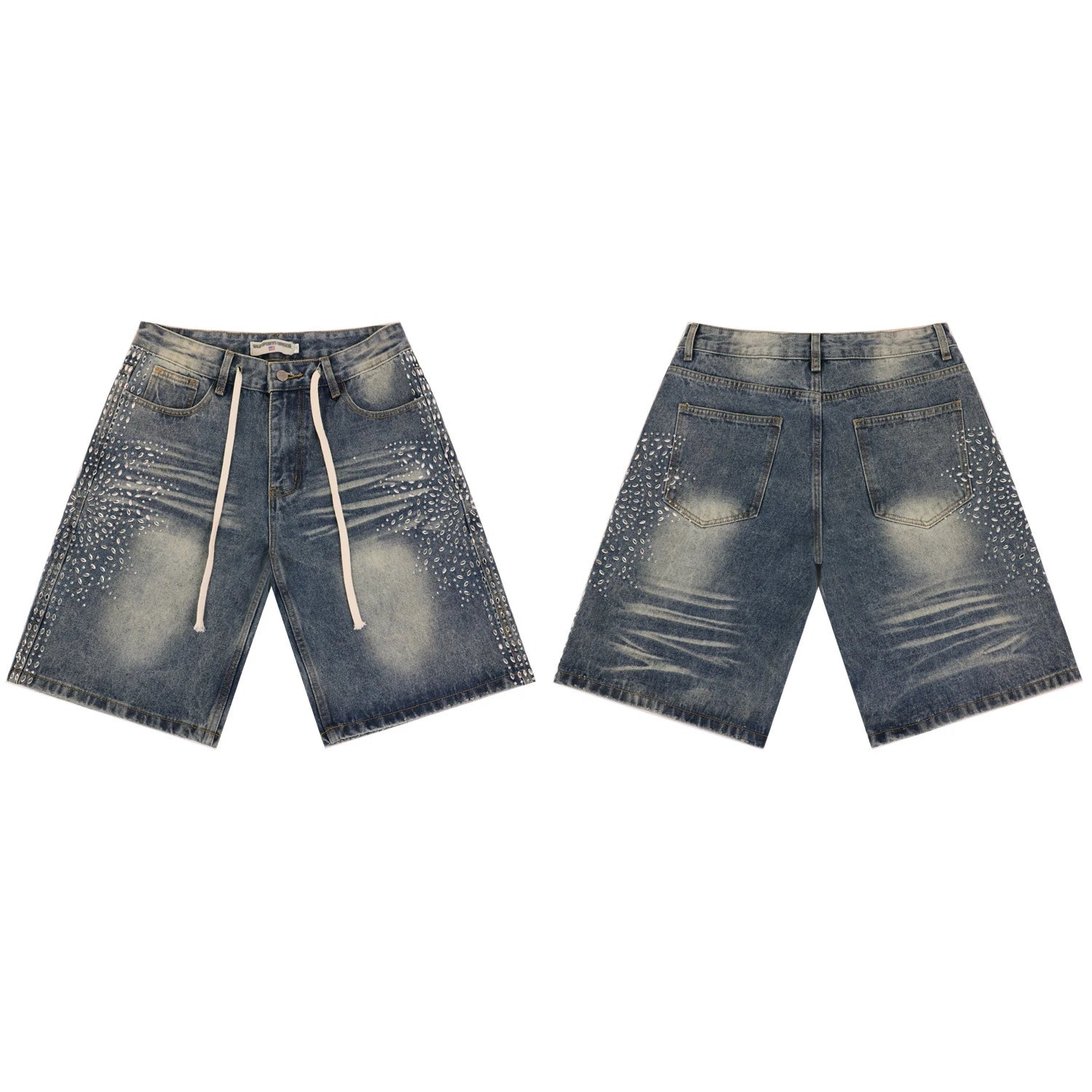 2026 New Fashion Shinning Diamond Washed Jeans Shorts for Men and Women Vintage Baggy Rhinestone Baggy Denim Shorts Oversized
