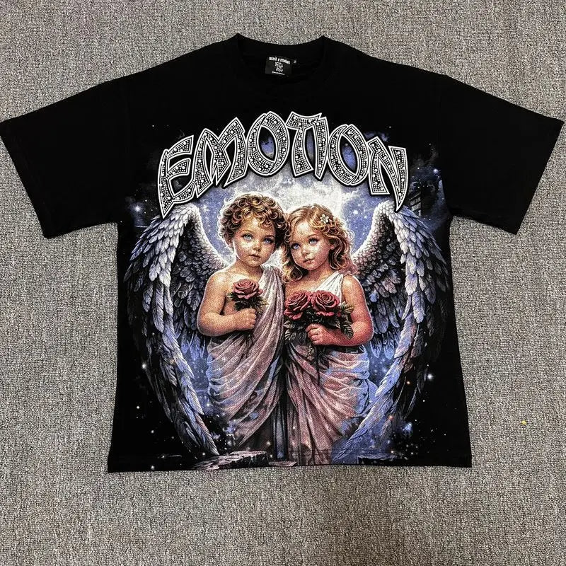 2026 MIXED EMOTION Rhinestone Short Sleeve Men Women Tshirt Streetwear Cotton Loose Round Neck Top Tees Oversized Tee Top Trendy
