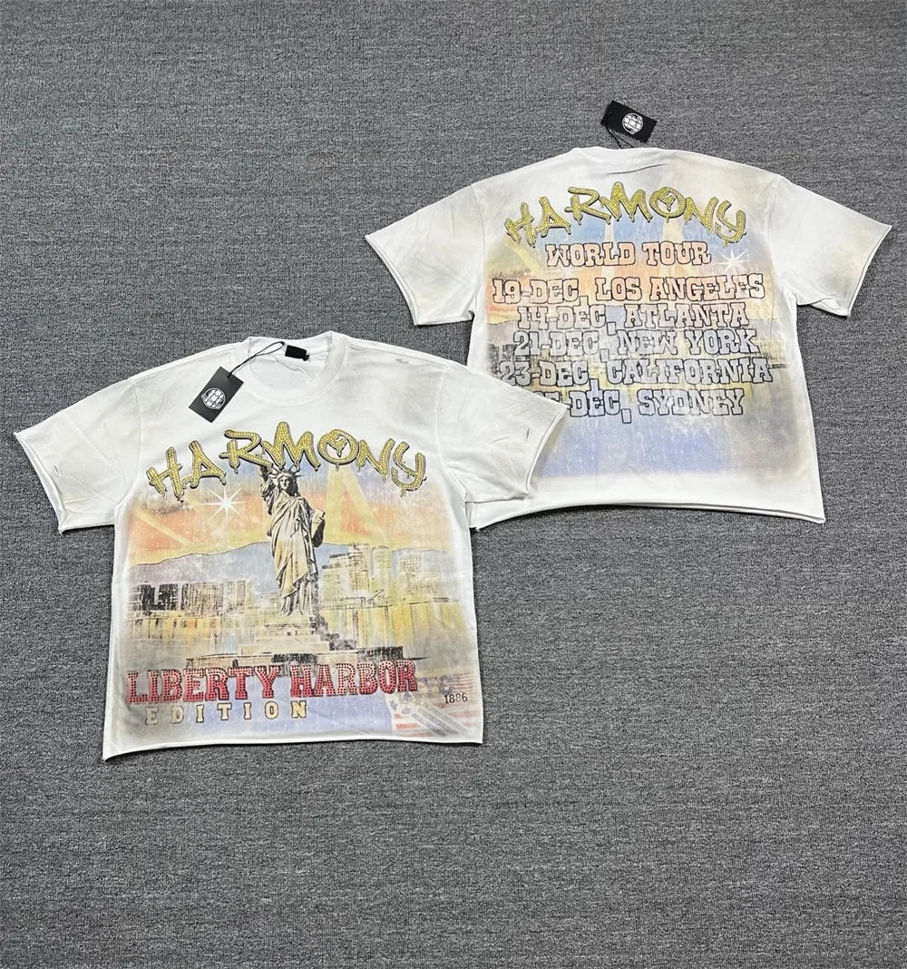 New Retro Wash HARMONY Letters Rhinestone Print Logo T Shirt Men Fashion Cotton casual  Shinning Diamond Oversized hip-hop Tees
