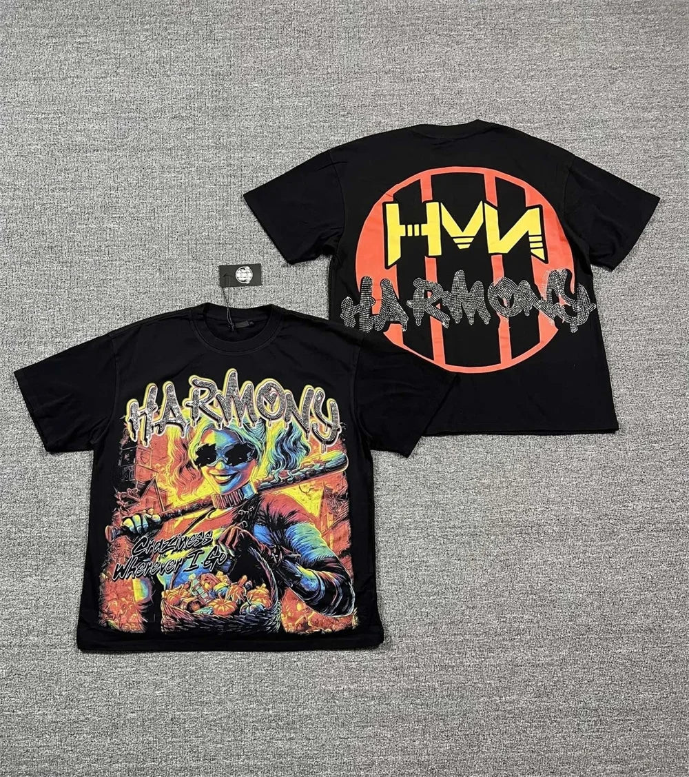 New Retro Wash HARMONY Letters Rhinestone Print Logo T Shirt Men Fashion Cotton casual  Shinning Diamond Oversized hip-hop Tees