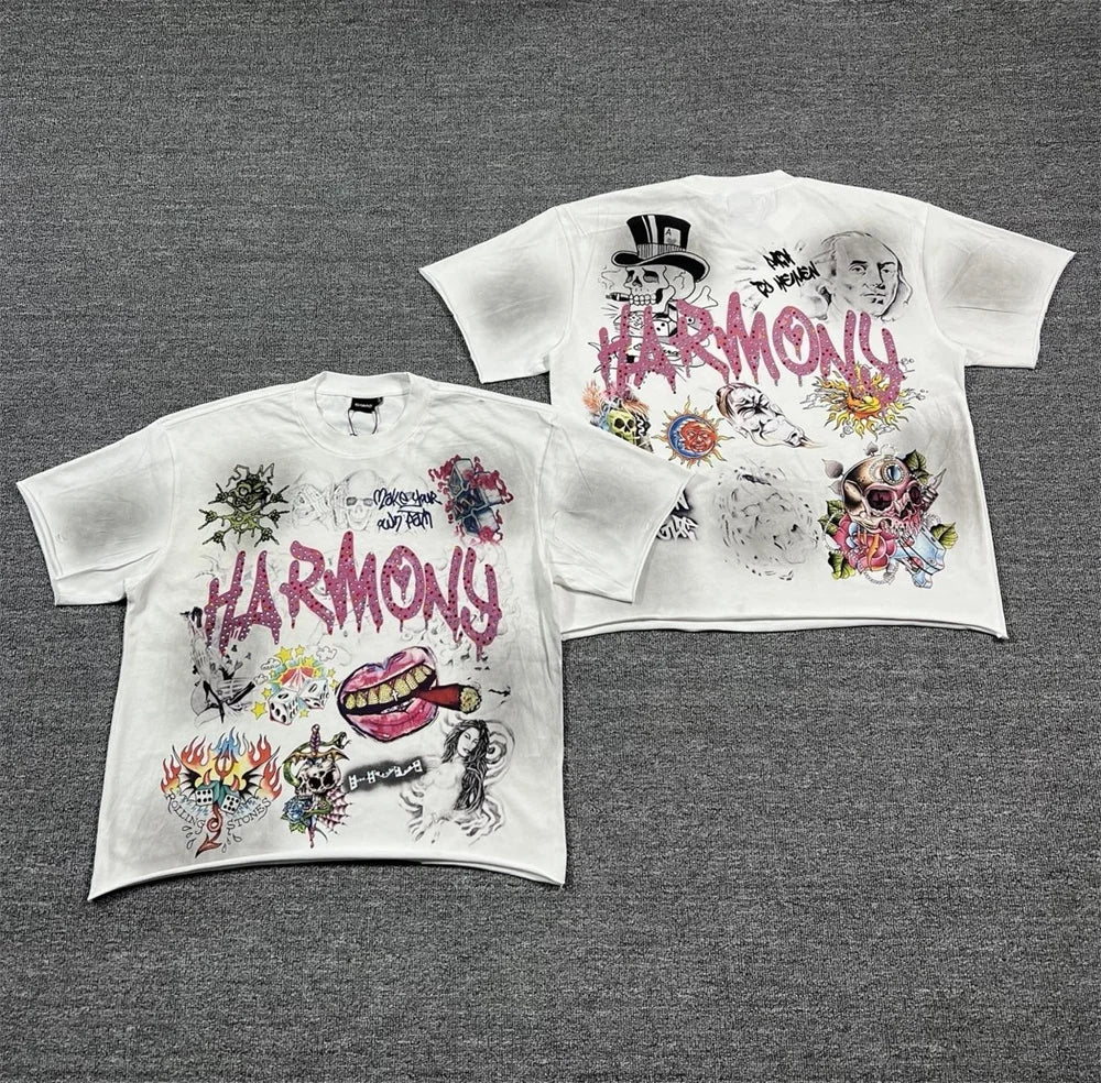 New Retro Wash HARMONY Letters Rhinestone Print Logo T Shirt Men Fashion Cotton casual  Shinning Diamond Oversized hip-hop Tees