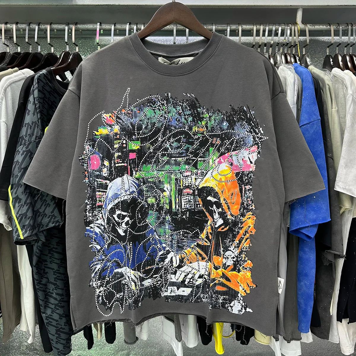 Shinning Bling Diamond Short Sleeve Cropped T-shirt for Men and Women Crew Neck Rhinestone Loose Cotton Summer Tshirts Oversized