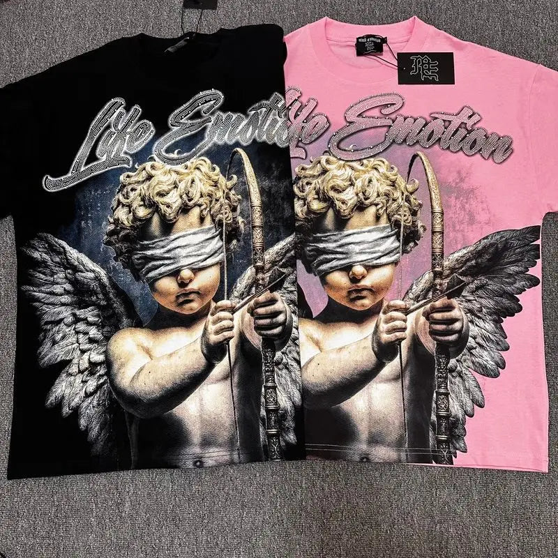 2026 MIXED EMOTION Rhinestone Short Sleeve Men Women Tshirt Streetwear Cotton Loose Round Neck Top Tees Oversized Tee Top Trendy