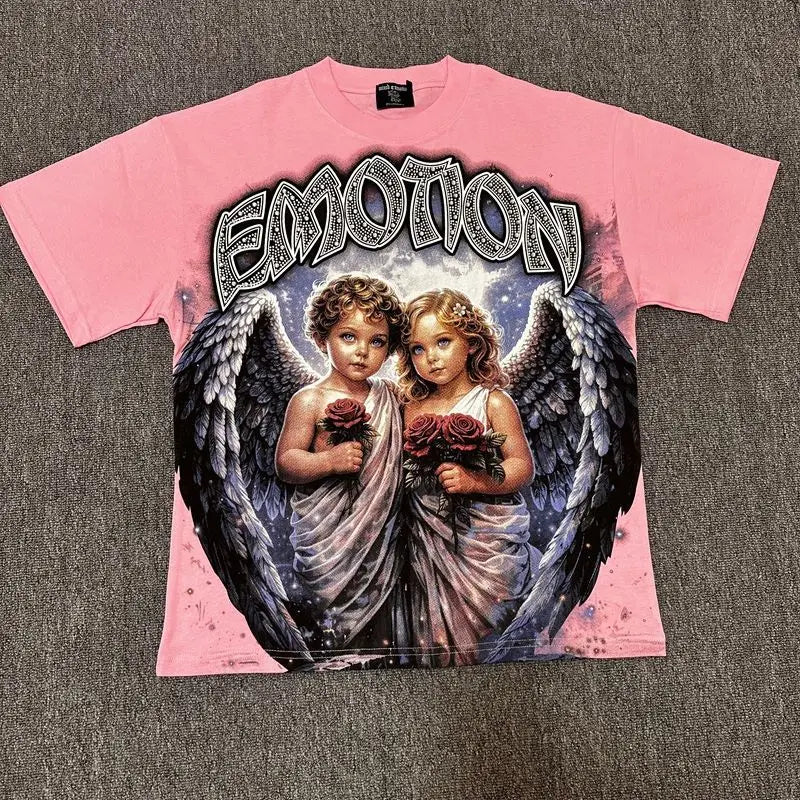 2026 MIXED EMOTION Rhinestone Short Sleeve Men Women Tshirt Streetwear Cotton Loose Round Neck Top Tees Oversized Tee Top Trendy