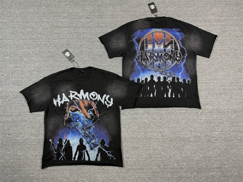 New Retro Wash HARMONY Letters Rhinestone Print Logo T Shirt Men Fashion Cotton casual  Shinning Diamond Oversized hip-hop Tees