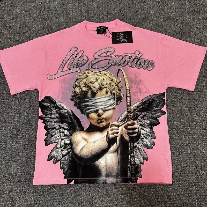 2026 MIXED EMOTION Rhinestone Short Sleeve Men Women Tshirt Streetwear Cotton Loose Round Neck Top Tees Oversized Tee Top Trendy
